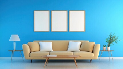 a living room with a couch and two framed pictures