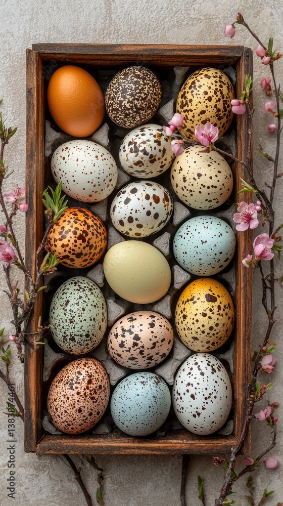 Poster a rustic wooden tray showcases a vibrant collection of intricately decorated eggs, each boasting uni