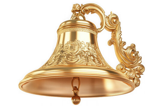 A gleaming golden bell, richly adorned with intricate carvings, proclaims a momentous occasion with its elegant design and polished finish.