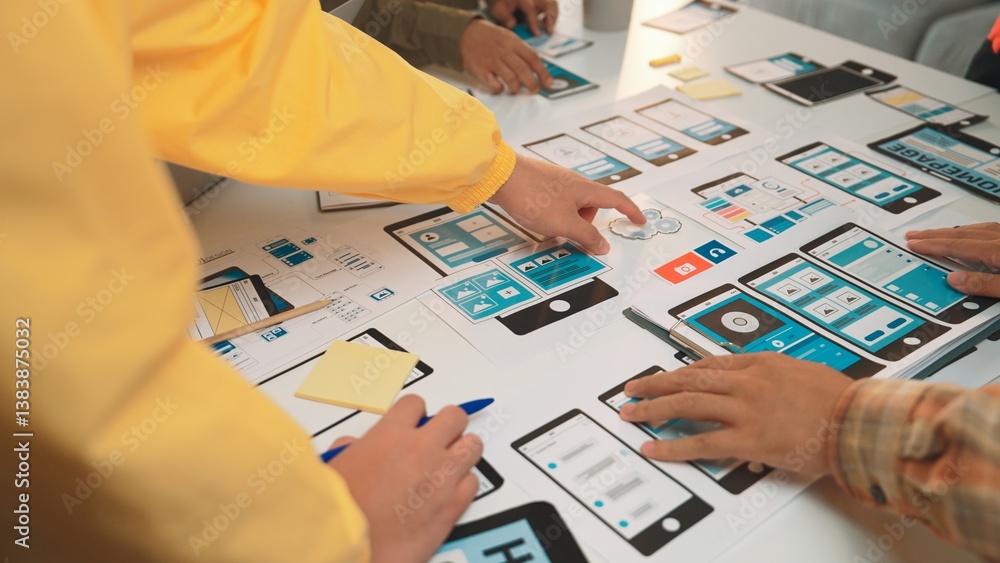 Poster a vibrant workspace bustling with designers collaborating on a mobile app prototype, showcasing user