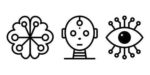 A set of three icons representing AI, robotics, and cyber vision, symbolizing artificial intelligence, neural networks, and futuristic technology. Artificial intelligence icon. Vector illustration