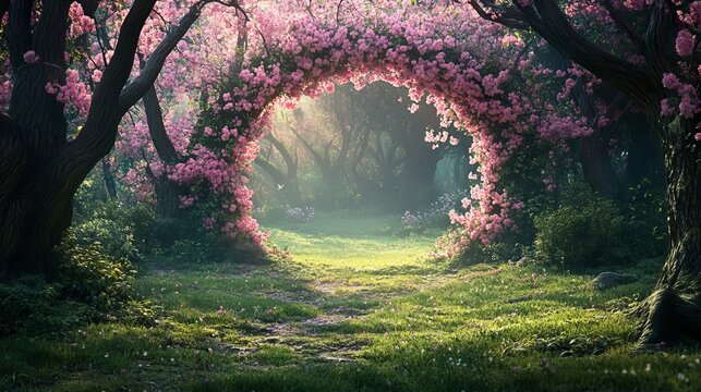 Enchanted Pink Blossom Archway Magical Forest Path Springtime Nature Scene Dreamlike Fantasy Background Digital Art Illustration Peaceful Tranquil    