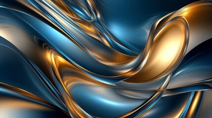 Abstract Metallic Wave Art with Gold and Blue Color Swirls