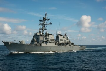 Military Warship at Sea with Clear Blue Sky and Calm Waves