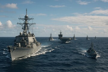 Naval Armada Surges Through Open Waters Under Cloudy Sky
