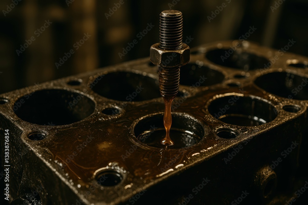 Aufkleber greasy engine block with oil dripping from a bolt in close-up