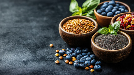 Fototapeta premium Healthy eating ingredients: fresh vegetables, fruits and superfood. Nutrition, diet, vegan food concept.