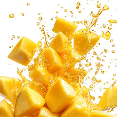 Pile of Juicy Mango Chunks with Splash of Juice Isolated on Transparent Background