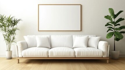 a white couch sitting in a living room next to a plant