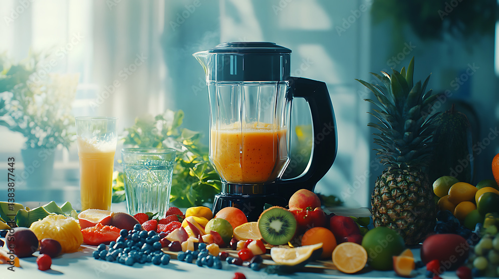 Poster blender or mixer and fresh ingredients for smoothies and juices from different fruits on the kitchen