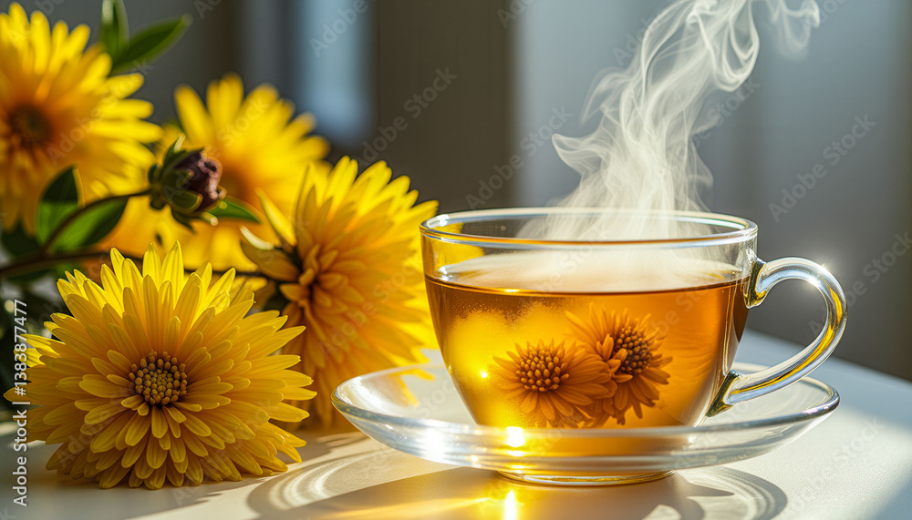 Poster a cup of tea with steam rising from it is placed on a table next to a vase of yellow flowers. the fl