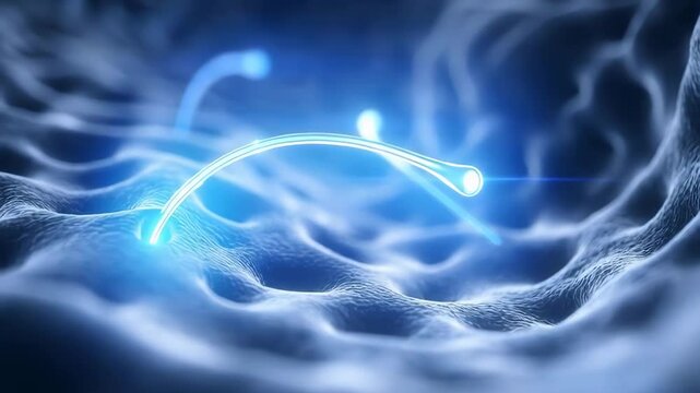 Futuristic animation of neural or molecular activity inside a biological structure. Concept of cell communication, neuroscience, or advanced biotechnology.