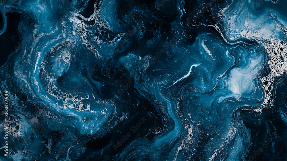 Poster blue abstract background texture with water ripples and waves, copy space, top view flat lay