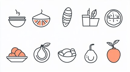 Illustration of various fruits and food items in a linear style on a white background image