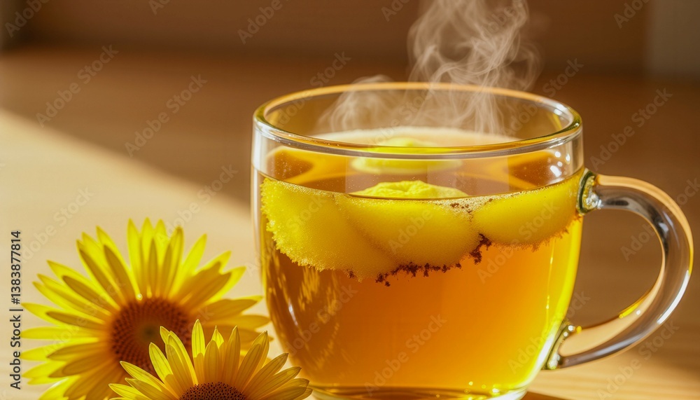 Poster a cup of tea with a slice of lemon in it is placed on a wooden table next to a yellow flower. the st