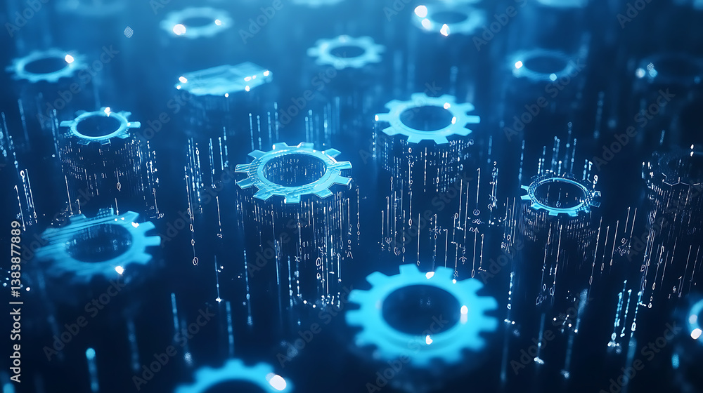 Poster Blue background with gears and binary code, representing the technology of machine learning in digital marketing