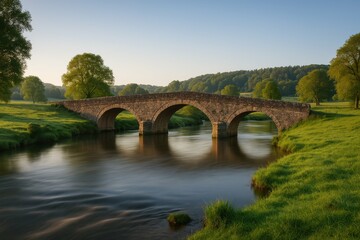 Fototapeta premium Serene Stone Bridge Over Calm River Amidst Lush Greenery