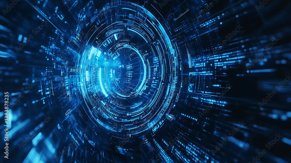 Poster Blue gear faded outline on digital background with binary code and abstract tech elements for technology or machine concept