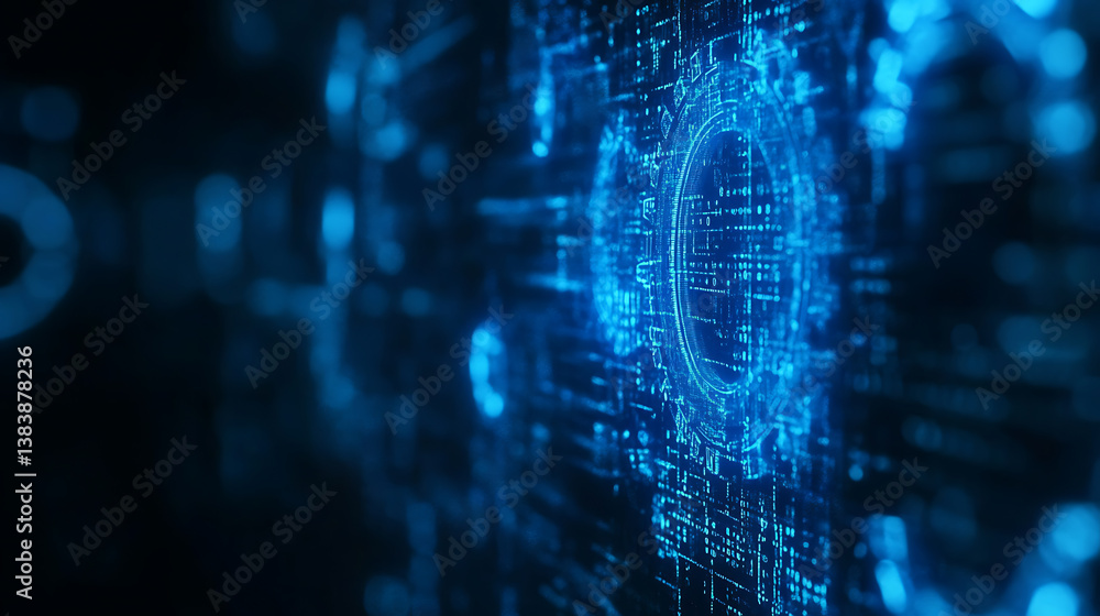 Fototapete Blue gear faded outline on digital background with binary code and abstract tech elements for technology or machine concept