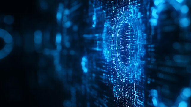 Blue gear faded outline on digital background with binary code and abstract tech elements for technology or machine concept