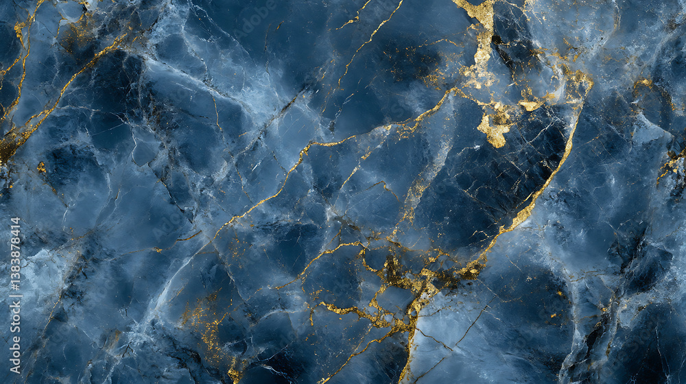 Poster blue marble pattern with grey and gold inclusions, abstract texture and background