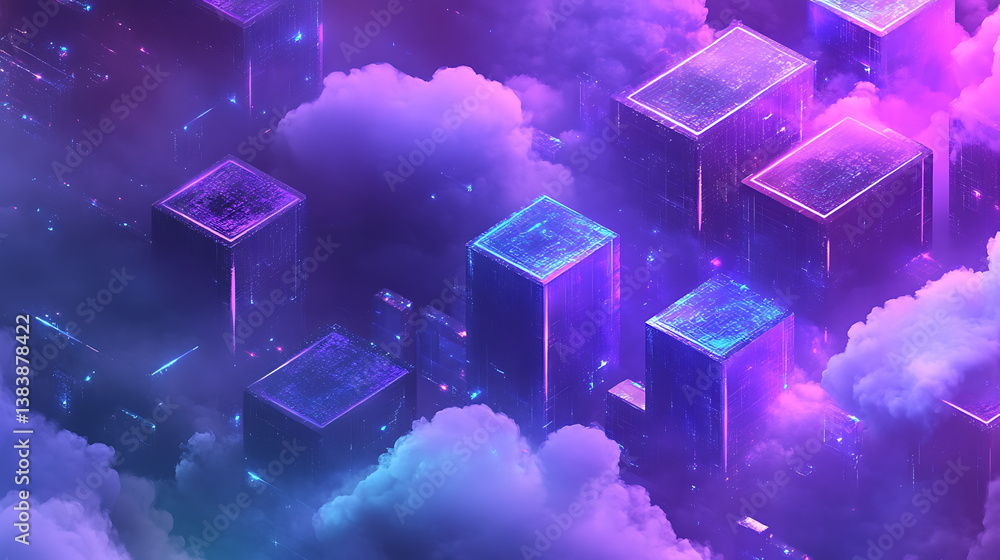 Fototapete Blue purple color glitch blockchain isometric and digital cloud network technology texture pattern background, conceptual rendering of crypto systems in 3d