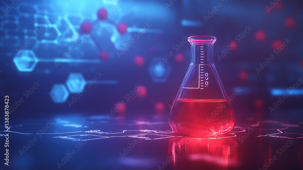Poster blue red glass flask vial and chemical structure in research medical science technology background, 