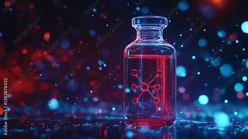 Poster blue red glass flask vial and chemical structure in research medical science technology background, 
