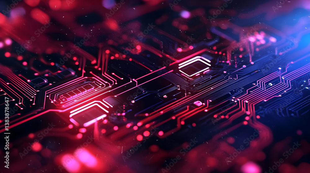 Poster abstract circuit board design with red and blue glowing lines