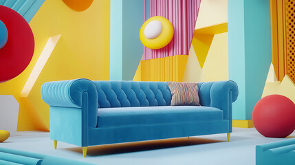 Blue sofa in room with abstract geometric shapes furniture pieces, postmodern memphis style interior design of modern living room