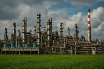 Obraz premium Industrial Complex Landscape with Green Grass Under Dramatic Skies