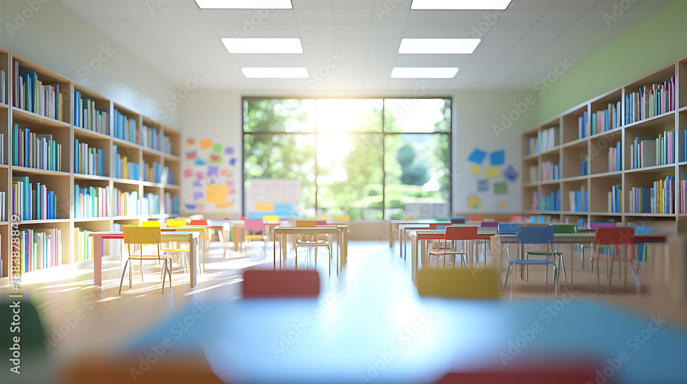Fototapete Blur image of picture library background, library resources, including vast knowledge and sun light, school classroom in blur background, blurry view of elementary class room