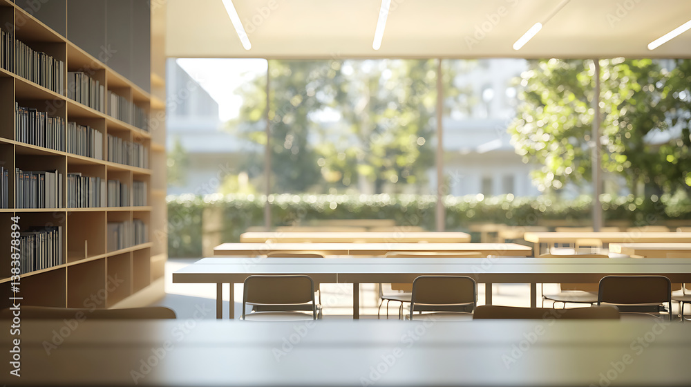 Poster Blurred classroom with bookshelves based on defocussed effect, abstract blurred empty university library interior space