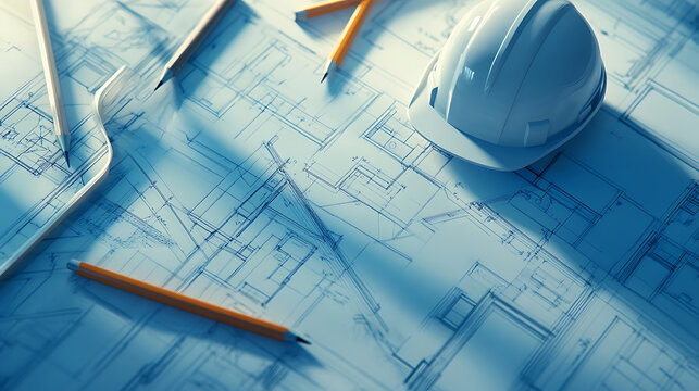 Blueprint floor plan with pencils and hard hat symbolizing architectural project management