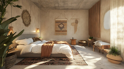 Boho interior design of modern bedroom with concrete and wooden paneling wall