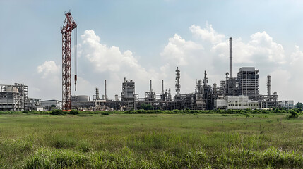 Fototapeta premium Industrial Plant Landscape With Green Field And Bright Sky