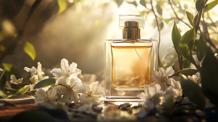 Bottle of perfume next to jasmine, vanilla flowers