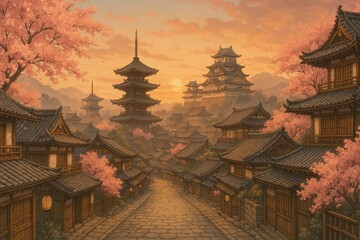 Fototapeta premium Serene Ancient Japanese Cityscape Under Sunset with Cherry Blossoms