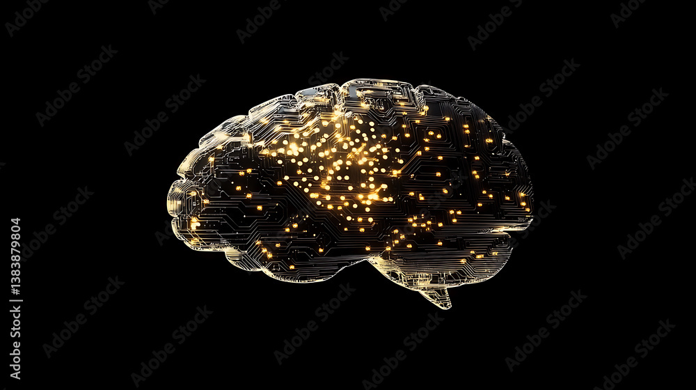 Poster Brain-shaped circuit board with ai elements, symbolizing artificial intelligence and machine learning technology on a black background as an isolated object with soft light