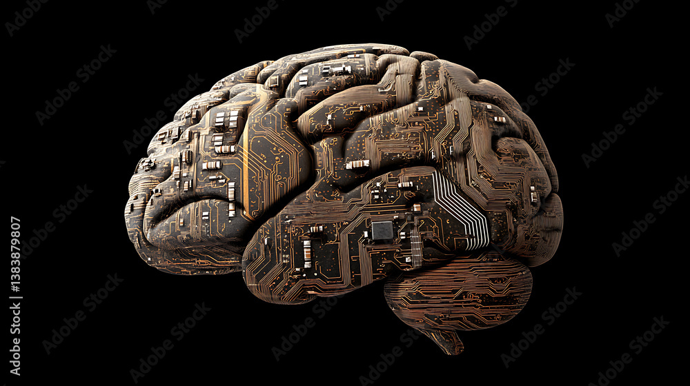 Poster brain-shaped circuit board with ai elements, symbolizing artificial intelligence and machine learnin
