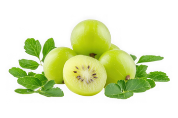 Fresh Indian gooseberries nestled amongst vibrant green leaves, showcasing their juicy, translucent flesh and subtly sweet flavor profile against on Transparent Background.