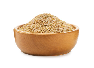 Raw brown rice in bowl isolated on white