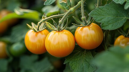 Ripe tomatoes growing on vines in a greenhouse with a sunlit, green-leaved background. 