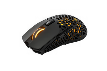 The sleek black honeycomb gaming mouse, glowing amber accents, a futuristic design for peak performance on Transparent Background.
