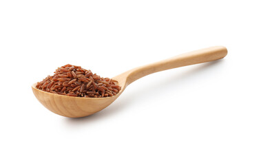 Raw brown rice and spoon isolated on white