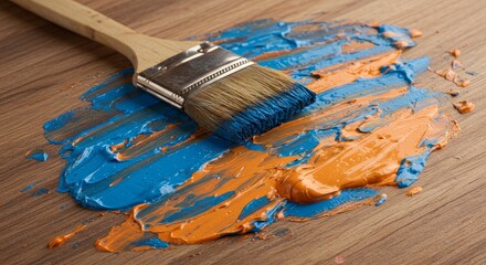 Fototapeta premium Paintbrush on Blue and Orange Paint - A paintbrush rests on a wooden surface, surrounded by streaks of blue and orange paint