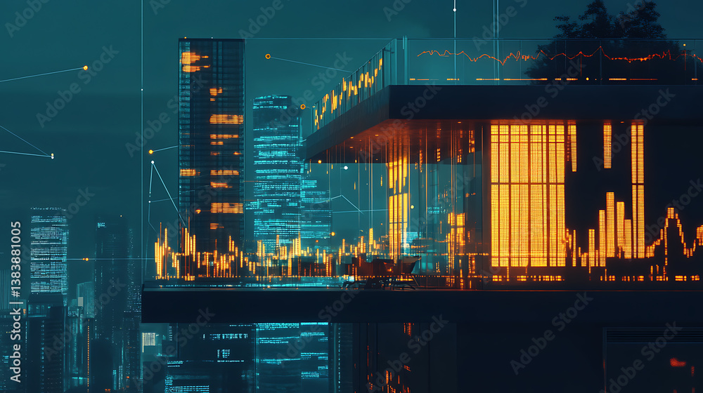 Poster building rooftop and night cityscape, forex diagrams and graph dynamics