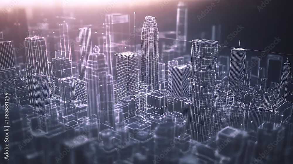 Poster building rooftop and skyscrapers with futuristic city wireframe hologram
