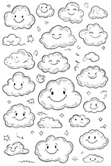 Obraz premium Collection of Clouds with smiley faces coloring book vector designs, Clouds with smiley faces illustration art