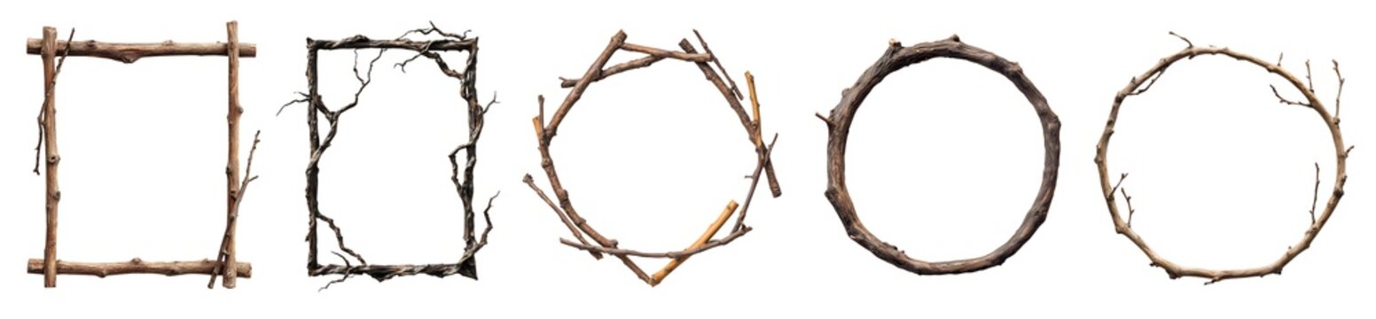 Set of twigs branches wooden rustic sign frame wood on transparent background cutout, PNG file. Many assorted different Mockup template for artwork design	
